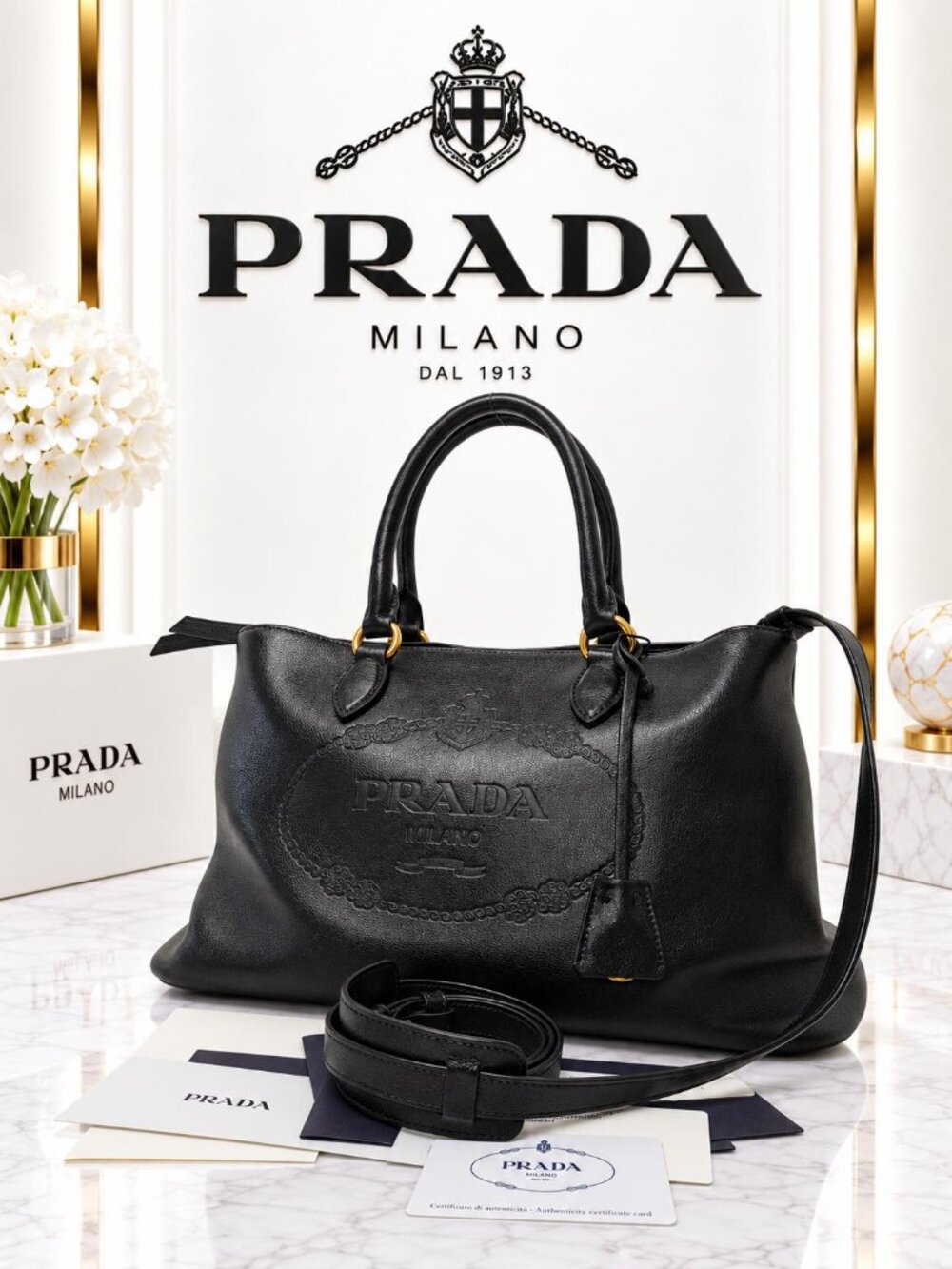 Authentic Prada Black Leather Embossed Logo Tote Satchel Crossbody Bag Large